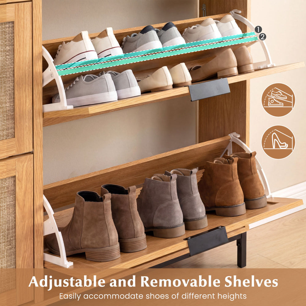 Shoe storage cabinet with adjustable shelves, featuring 4 flip drawers and a stylish rattan-look design for organized.