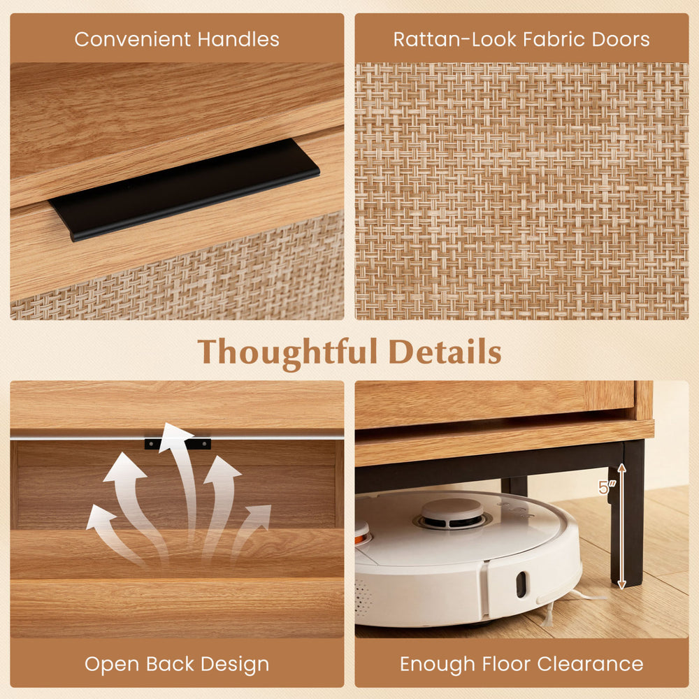 Shoe storage cabinet with rattan-look fabric doors, featuring 4 flip drawers and adjustable shelves for organized.
