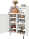 Shoe storage cabinet in white with 2-tier open compartment and 4-tier adjustable shelf for versatile footwear organization.