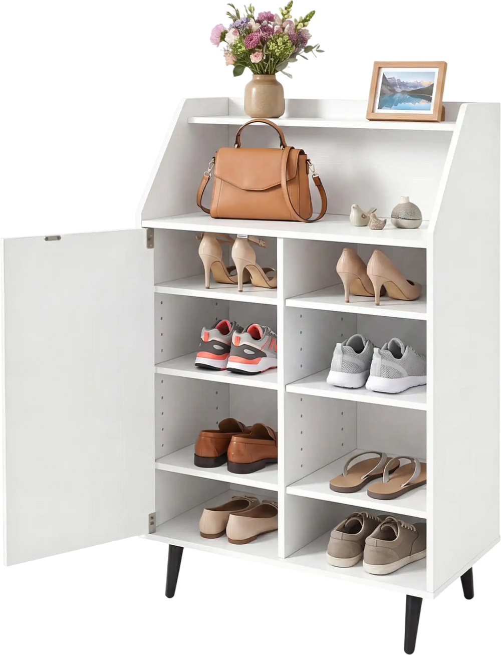 Shoe storage cabinet in white with 2-tier open compartment and 4-tier adjustable shelf for versatile footwear organization.
