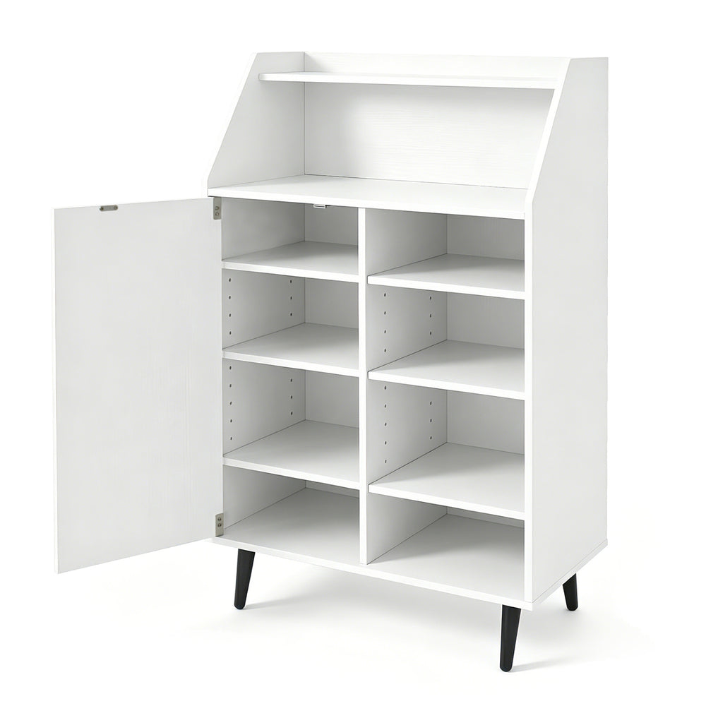Shoe storage cabinet in white with 2-tier open compartment and 4-tier adjustable shelves for versatile footwear organization.