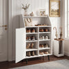 Shoe storage cabinet in white features a 2-tier open compartment and 4-tier adjustable shelves for versatile organization.