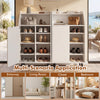 Shoe storage cabinet in white features 2-tier open compartment and 4-tier adjustable shelf for versatile organization.