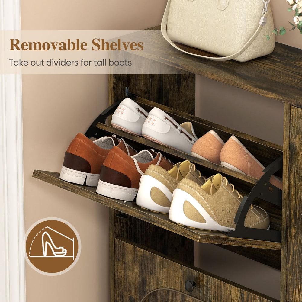 Shoe storage cabinet with removable shelves for tall boots, featuring four flip drawers and sturdy aluminum legs in rustic brown.