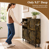 Shoe storage cabinet in rustic brown features 4 flip drawers and aluminum legs, ideal for narrow entryways.