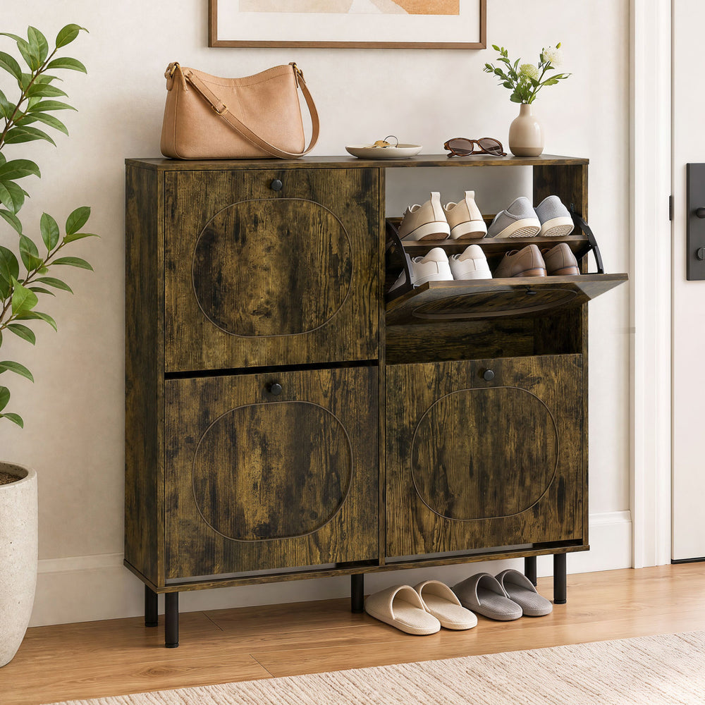 Shoe storage cabinet in rustic brown featuring a sleek design with removable shelves for tall boots and 2 anti-toppling devices.