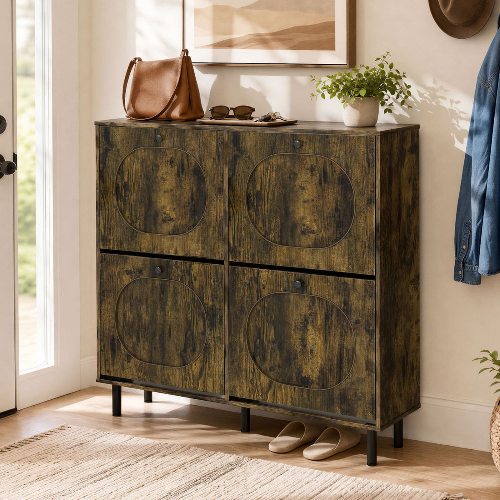 Rustic brown shoe storage cabinet with aesthetic circular inset design and anti-toppling devices for enhanced safety and style.