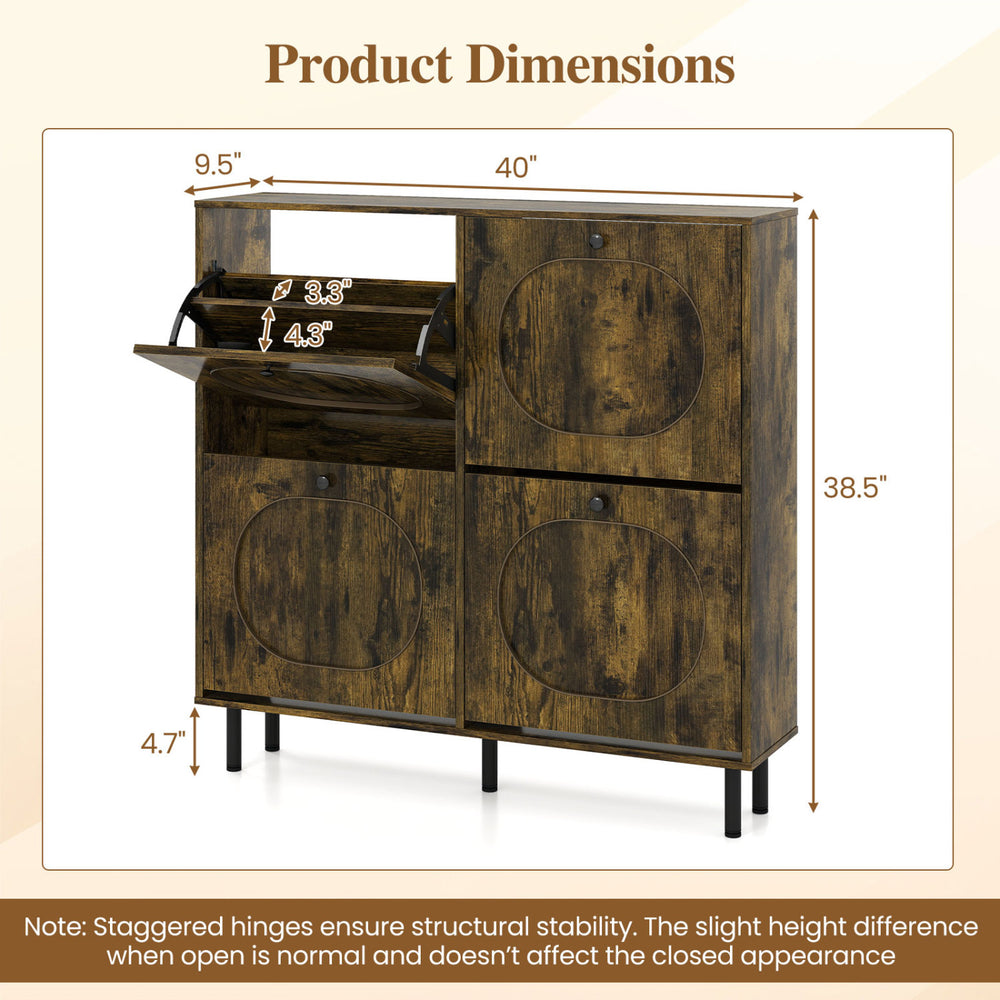 Shoe storage cabinet in rustic brown with 4 flip drawers and aluminum legs, ideal for narrow entryways and hallways.