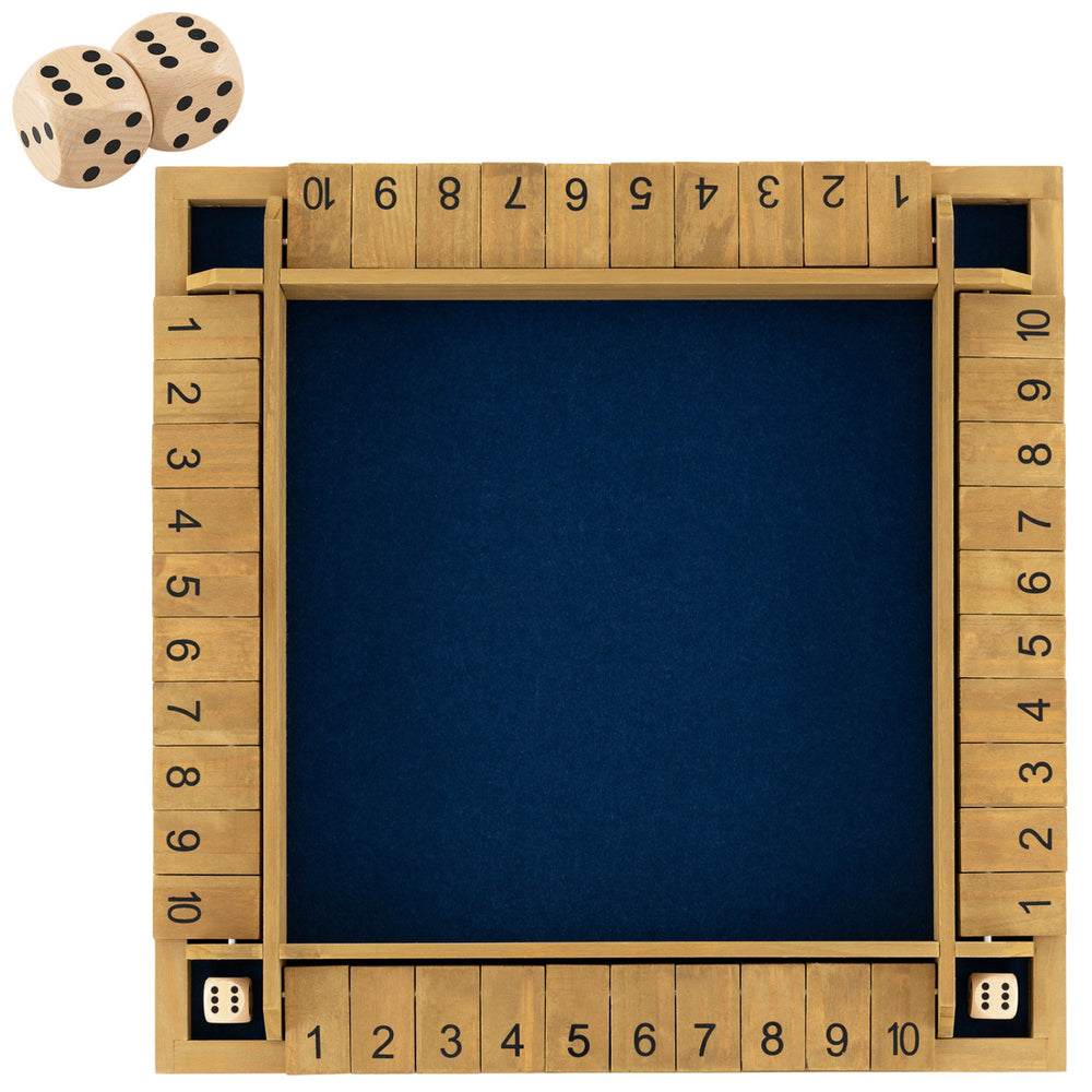 Extra-large 24-inch Shut The Box game board with silk-screened numbers and dice for 2-4 players, perfect for game.