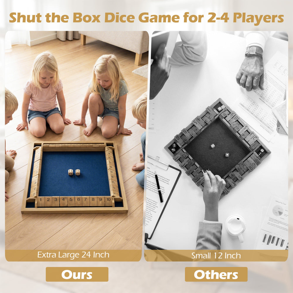 Extra-large 24-inch Shut The Box game for 2-4 players, made of premium pine wood, perfect for group play and parties.