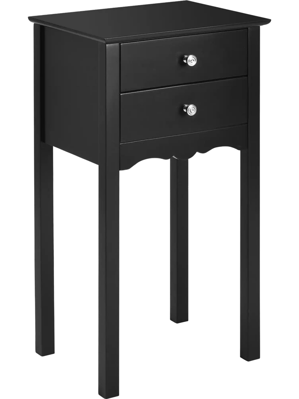 Black side table with two drawers, made of non-toxic MDF, perfect for living room or bedroom decor.