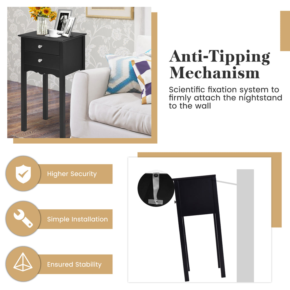 Black side table with anti-tipping mechanism and two drawers, made from non-toxic MDF, ideal for secure bedroom or.