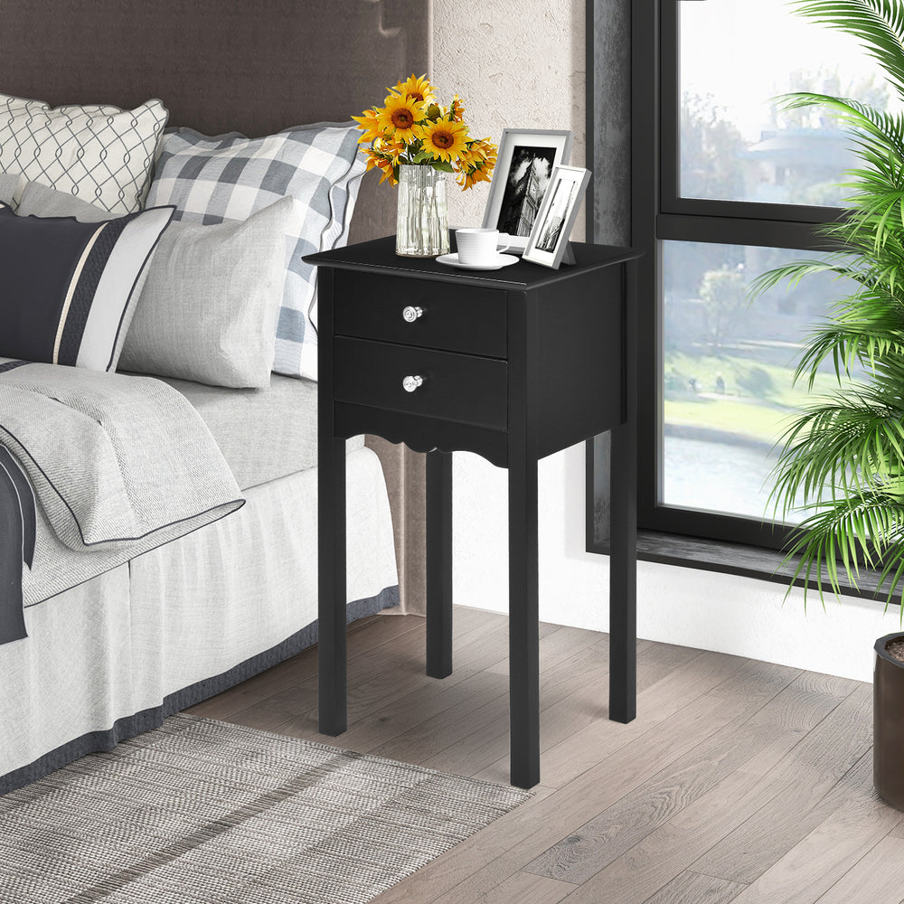 Black side table with two drawers, made of non-toxic MDF, perfect for bedroom or living room decor.