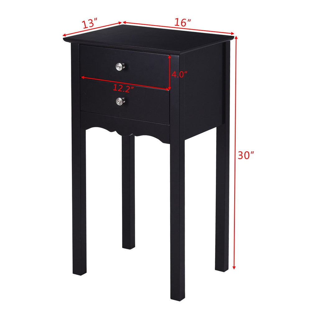 Black side table with two drawers, made of non-toxic MDF, ideal for living room or bedroom decor. Dimensions: 30" H x.