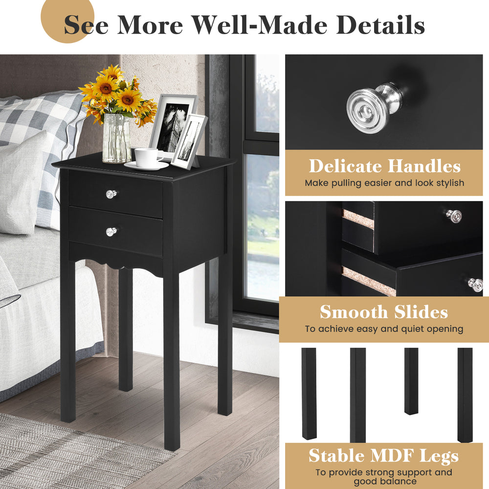 Black side table with vintage metal handles and smooth drawer slides, ideal for adding elegance to any bedroom or.