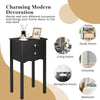 Black side table with two drawers, made of non-toxic MDF, ideal for living room or bedroom decor.