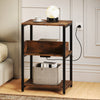 Rustic brown side end table with charging station, featuring 3 open shelves and a sturdy metal frame for versatile.