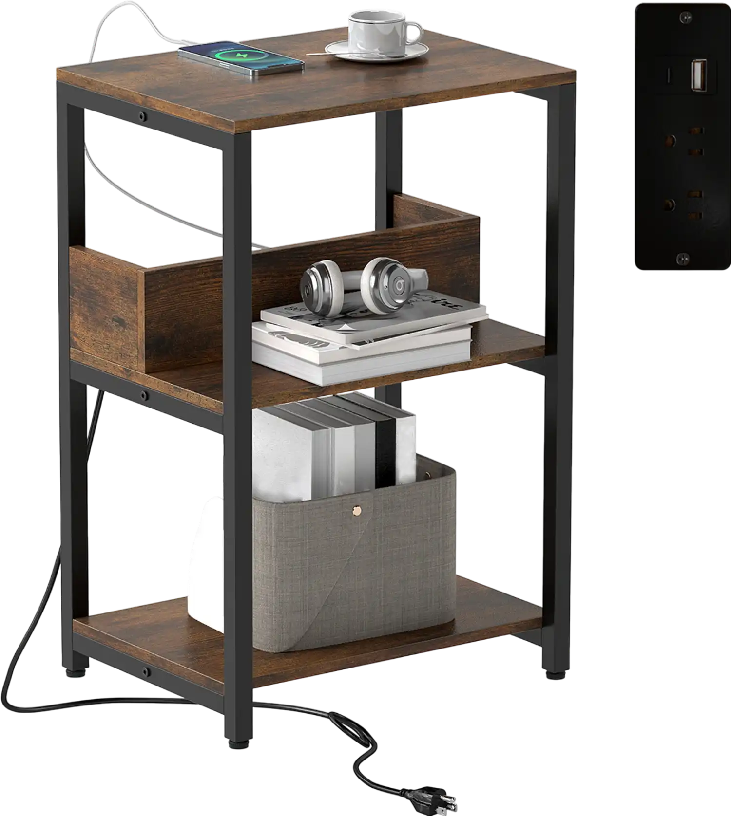 Costway Side End Table Charging Station Open Shelves 84781063 New