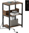 Rustic brown side end table with charging station, three open shelves, and heavy-duty metal frame for versatile storage.