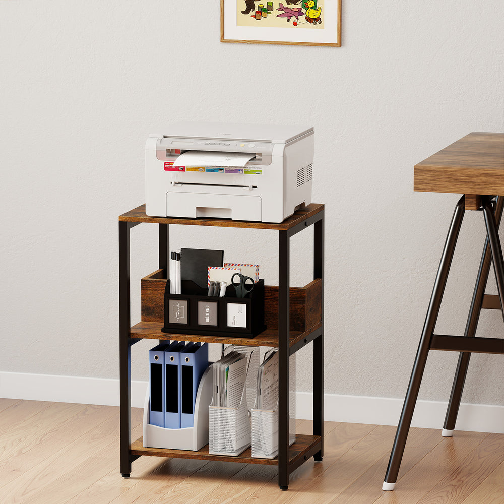 Rustic brown side end table with charging station and open shelves, ideal for office storage and small spaces.