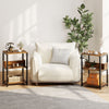 Rustic brown side end table with charging station and open shelves, perfect for small spaces in living rooms or.