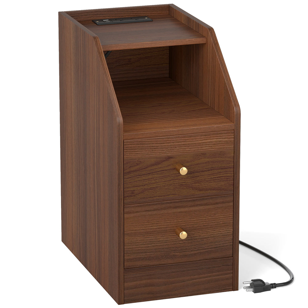 Walnut side end table with charging station, two drawers, and open shelf for organized device storage.