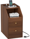 Walnut side end table with charging station, open shelf, and two drawers for organized storage next to a sofa.