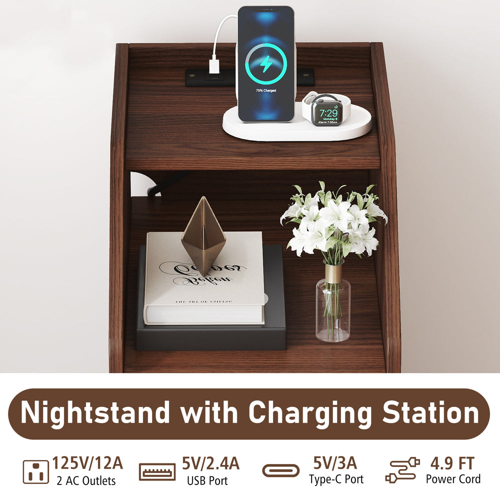Walnut side end table with charging station, featuring 2 drawers and open compartment for organized storage.