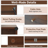 Close-up of the side end table's cable hole and metal pulling knobs, featuring a walnut finish for easy organization.