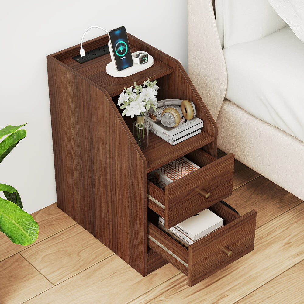 Side End Table with Charging Station Sofa Couch Table with Shelf Drawers-Walnut - Gallery View 1 of 10
