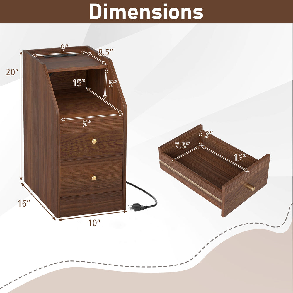 Dimensions of the walnut side end table with charging station, featuring two drawers and an open compartment for.