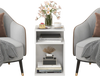 S-shaped side table in white with two open compartments, perfect as a nightstand or sofa side table for modern decor.