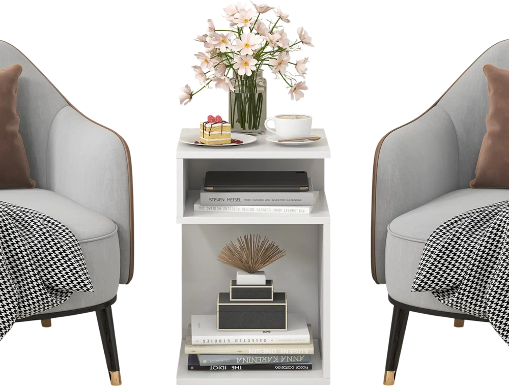 S-shaped side table in white with two open compartments, perfect as a nightstand or sofa side table for modern decor.