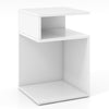 S-shaped side table in white with two open compartments, perfect as a nightstand or sofa side table for small spaces.