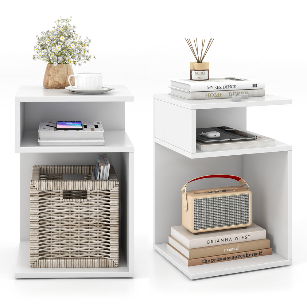 S-shaped side table in white featuring a compact design with an open compartment, ideal for stylish home organization.