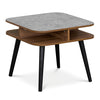Square side table with faux marble top and rubber wood legs, featuring storage shelves for versatile use in any room.