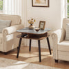 Square side table with faux marble top and rubber wood legs, featuring storage shelves for living room or bedroom use.
