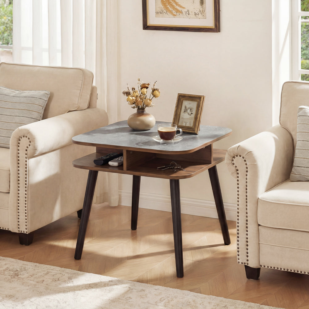 Square side table with faux marble top and rubber wood legs, featuring storage shelves for living room or bedroom use.