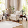 Faux marble side table with rubber wood legs and four storage shelves, ideal for easy access in living room or bedroom.