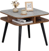 Square side table with faux marble surface and rubber wood legs, featuring open shelving for easy access and modern.