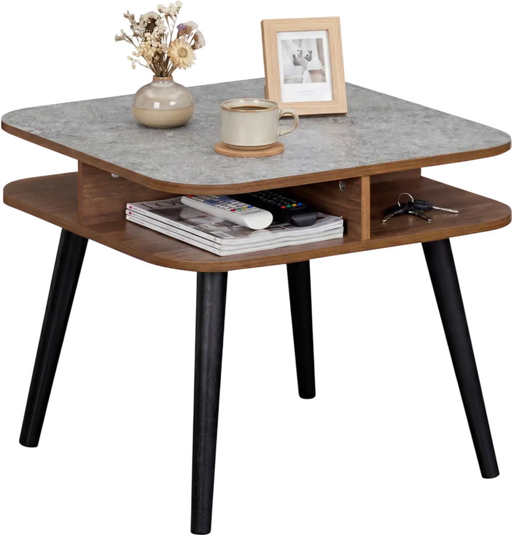 Square side table with faux marble surface and rubber wood legs, featuring open shelving for easy access and modern.