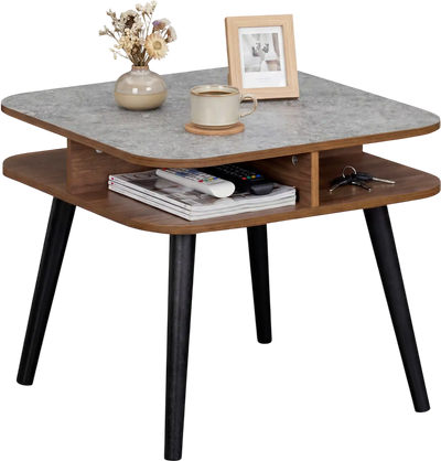 Costway Faux Marble Side End Table w/ Storage Shelves Rubber Wood Legs 45564910 New