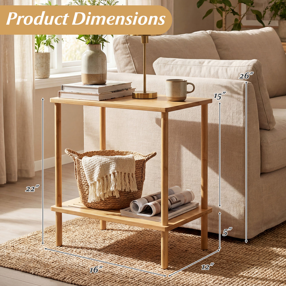2-tier bamboo side table with storage shelves, featuring a natural finish and dimensions for versatile living room use.