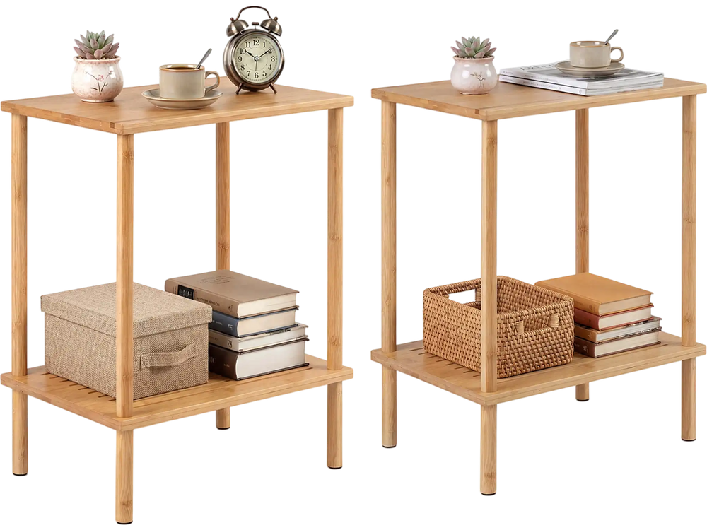 Set of 2 natural bamboo side tables with 2-tier storage shelves, perfect for living room or bedroom organization.