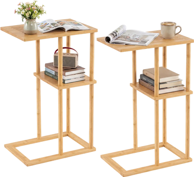 Costway Set of 2 Bamboo Side Tables with Storage Shelves 41615922 New