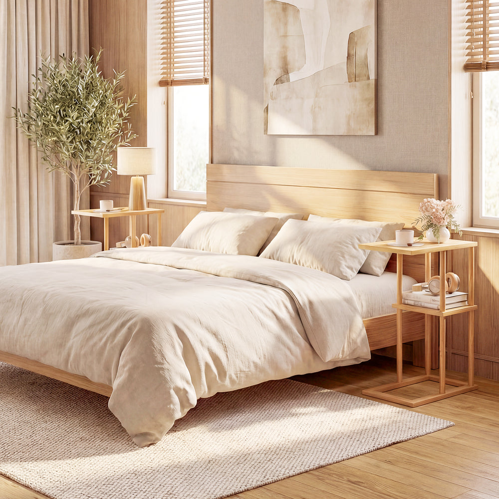 Natural bamboo side table set of 2 with storage shelves, perfect for bedroom or living room organization.