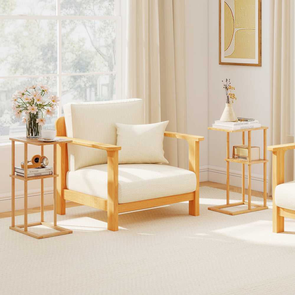 Natural bamboo side table set of 2 with storage shelves, perfect for living room organization and decor.