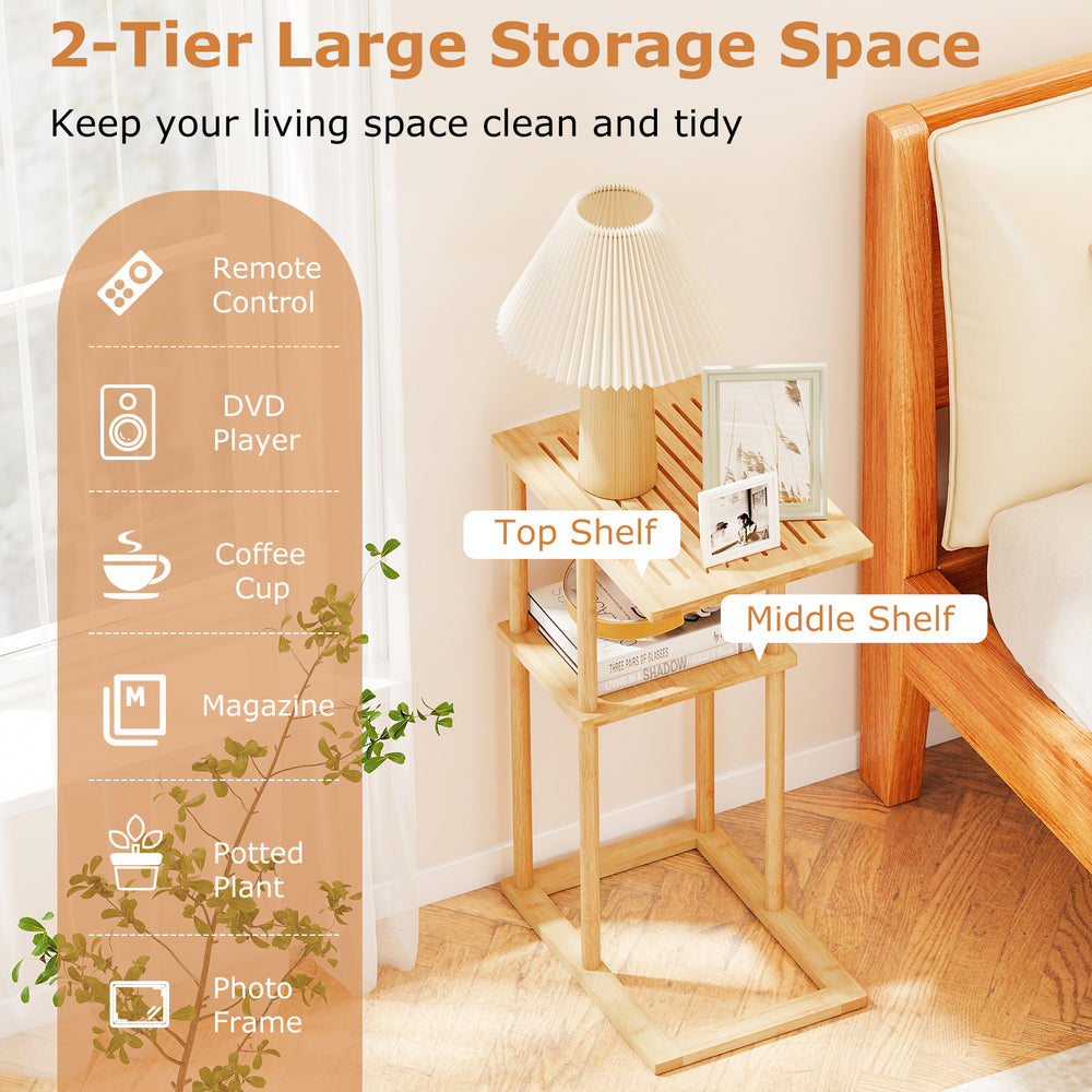 Natural bamboo side table set of 2 with 2-tier storage shelves, perfect for living room or bedroom organization.