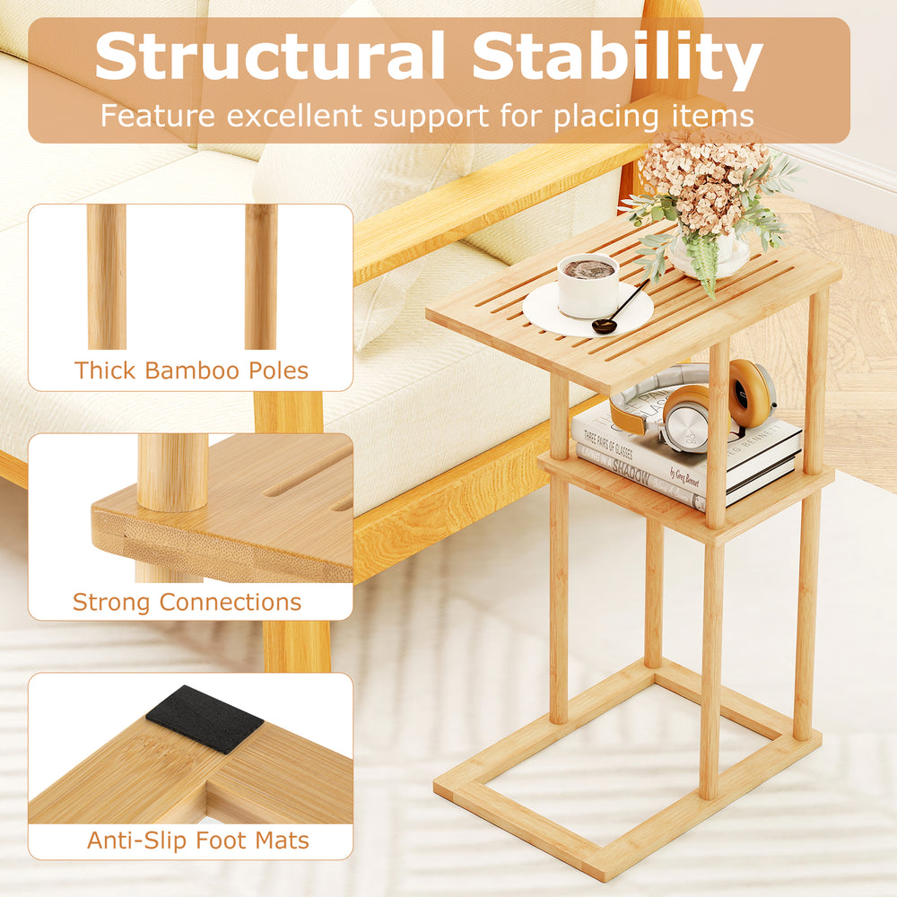 Bamboo side table set of 2 with storage shelves, featuring slatted design and anti-slip foot mats for stability.