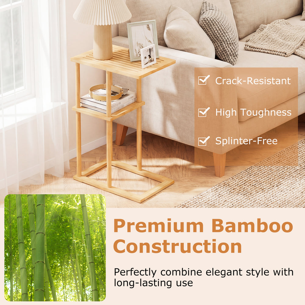 Natural bamboo side table set of 2 with storage shelves, featuring a slatted design for versatile use in any room.